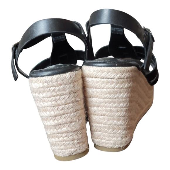 Berness Lotus Platform Espadrille Wedge Sandals Black Leather Women's Size 6 US - Picture 2 of 9